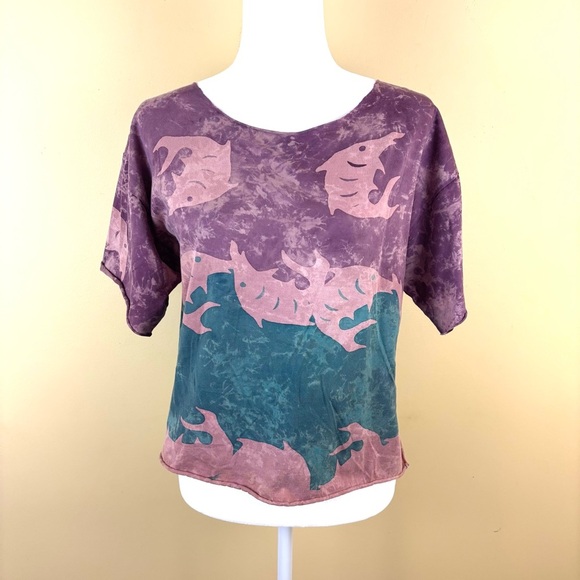 Keris Fashion Maroon/Mauve Scoop Neck Wax Batik Fish Cropped Tee Size M - Picture 1 of 14
